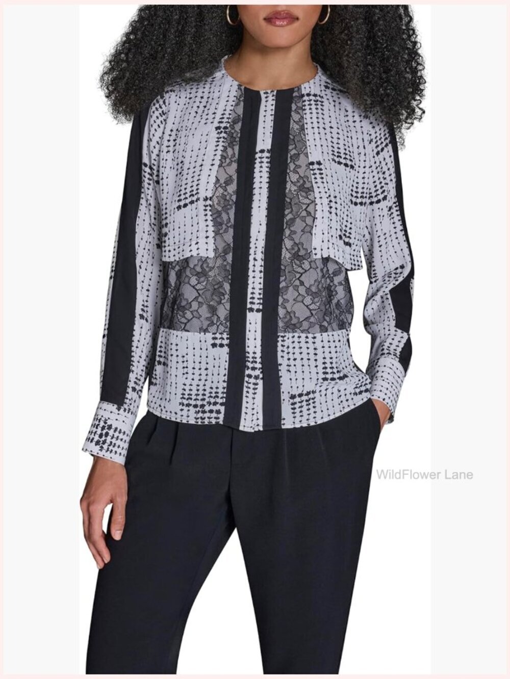 Woven Printed Long Sleeve Top with Lace Inserts Regular Fit High Neck